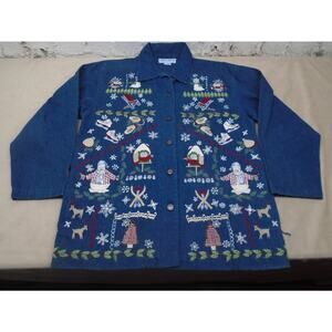 Vintage Casey Coleman Christmas Denima Shacket Button Embroidered Snowman Size M